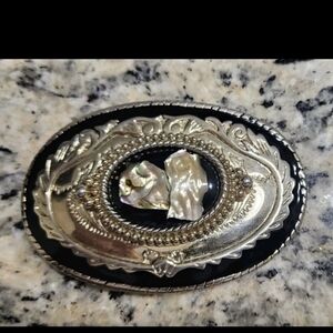 Vtg Western Belt Buckle Abalone Shell Inlay Black Enamel Ornate Gold Tone Oval